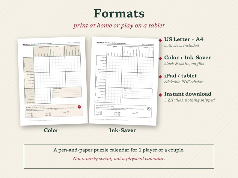 May include: A digital puzzle calendar titled Murder at the Christmas Market, featuring two printable formats: a color version and an ink-saver black and white version. The document includes grids for tracking clues, suspects, and locations for one or two players.