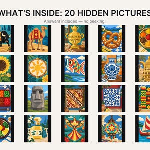 May include: A grid of 20 colorful illustrations titled WHAT'S INSIDE: 20 HIDDEN PICTURES. The images feature diverse cultural icons including a bull, camel, samovar, pretzel, spice bowl, sunflower, sun, koi fish, vase, teapot, bento, moai, textile, tile, rug, bibimbap, perfume, kite, lantern, and sailboat.