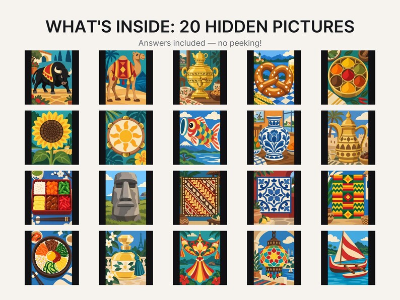 May include: A grid of 20 colorful illustrations titled WHAT'S INSIDE: 20 HIDDEN PICTURES. The images feature diverse cultural icons including a bull, camel, samovar, pretzel, spice bowl, sunflower, sun, koi fish, vase, teapot, bento, moai, textile, tile, rug, bibimbap, perfume, kite, lantern, and sailboat.