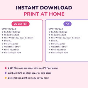 Puede incluir: Un conjunto de descarga digital con dos listas de juegos para despedida de soltera que incluyen Bachelorette Bingo, He Said She Said, How Well Do You Know the Bride, Drink If, Bar Crawl Dares, Would She Rather, Never Have I Ever y Bar Scavenger Hunt.