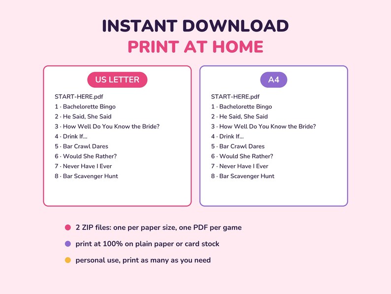 Puede incluir: Un conjunto de descarga digital con dos listas de juegos para despedida de soltera que incluyen Bachelorette Bingo, He Said She Said, How Well Do You Know the Bride, Drink If, Bar Crawl Dares, Would She Rather, Never Have I Ever y Bar Scavenger Hunt.
