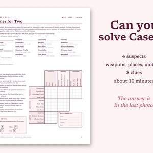 May include: A printed mystery game sheet titled Dinner for Two, Case 1 of 5. The page features a narrative, a list of suspects, weapons, locations, motives, eight clues, and a logic grid for solving the mystery. Text includes Can you solve Case 1?