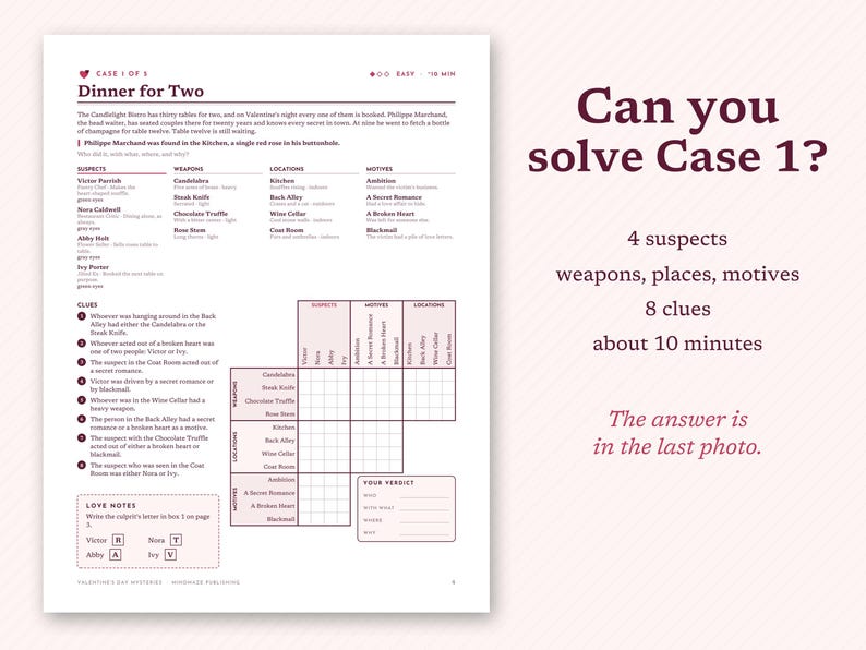 May include: A printed mystery game sheet titled Dinner for Two, Case 1 of 5. The page features a narrative, a list of suspects, weapons, locations, motives, eight clues, and a logic grid for solving the mystery. Text includes Can you solve Case 1?