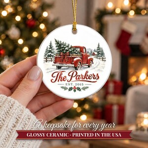 Red Truck Ornament Christmas 2026, Vintage Pickup Family Name Keepsake, Farmhouse Christmas Tree Decor, Est Year Custom Ceramic Gift image 12