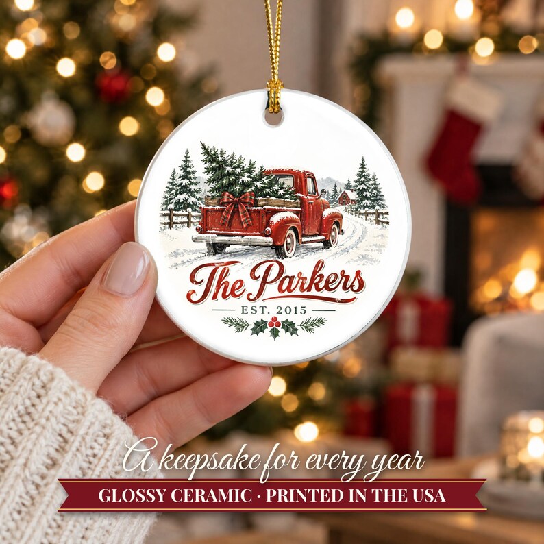 Red Truck Ornament Christmas 2026, Vintage Pickup Family Name Keepsake, Farmhouse Christmas Tree Decor, Est Year Custom Ceramic Gift image 12