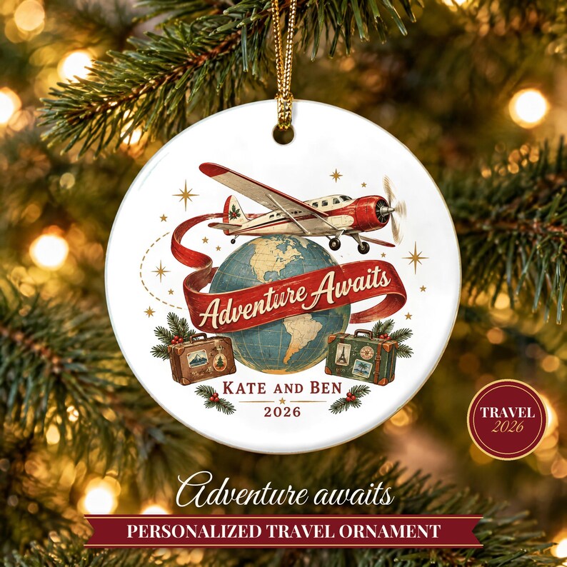 Travel Ornament Christmas 2026, Adventure Awaits Gift for Couple or Family, Airplane Globe Custom Name Keepsake, Wanderlust Ceramic Decor image 1