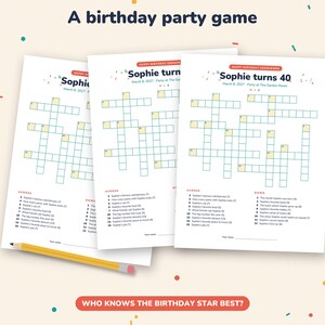 Puede incluir: Tres hojas de papel blancas id&eacute;nticas con un juego de crucigrama de cumplea&ntilde;os titulado Sophie turns 40, March 8, 2027, Party at The Garden Room. El juego incluye pistas numeradas para horizontal y vertical, un espacio para el nombre y un l&aacute;piz amarillo.