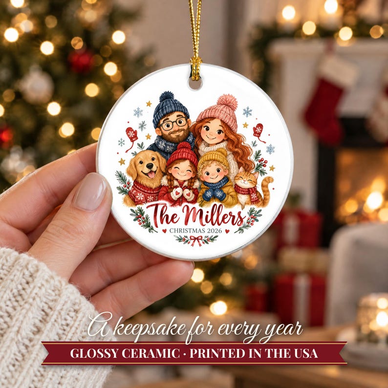 Family Christmas Ornament 2026 from Photo, 2 Sided Custom Cartoon Portrait with Pets and Names, Family of 4 5 6, Keepsake for Grandparents bild 16