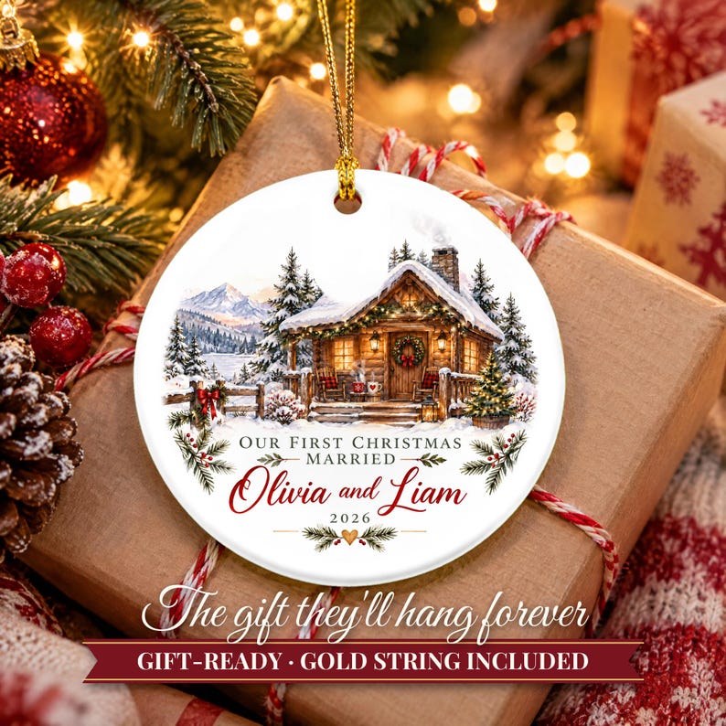 First Christmas Married Ornament 2026, Winter Cabin Mr and Mrs Keepsake, Newlywed Gift for Couple, Custom Wedding Ornament image 11
