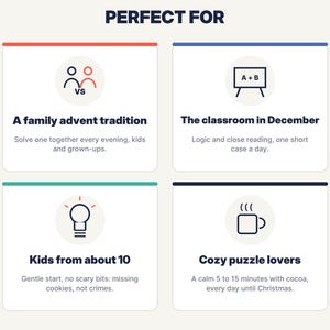 May include: A white informational graphic with the text PERFECT FOR at the top. Four boxes feature icons and text: A family advent tradition, The classroom in December, Kids from about 10, and Cozy puzzle lovers, with small snowflake icons.