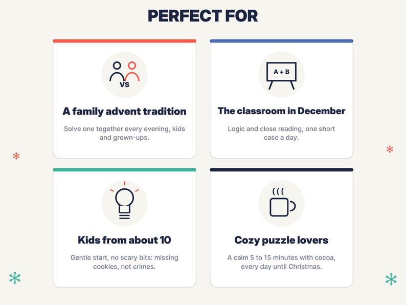 May include: A white informational graphic with the text PERFECT FOR at the top. Four boxes feature icons and text: A family advent tradition, The classroom in December, Kids from about 10, and Cozy puzzle lovers, with small snowflake icons.