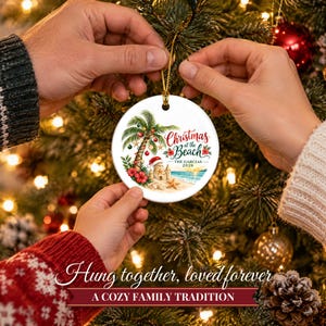 Beach Christmas Ornament 2026, Coastal Family Vacation Keepsake, Holidays at the Beach Custom Name Decor, Palm Tree Starfish Ceramic Gift 画像 6
