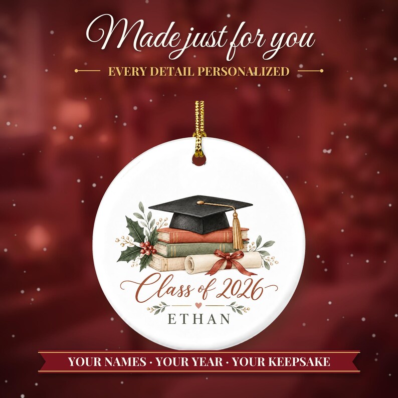 Graduation Ornament Class of 2026, Graduate Christmas Ornament with Name, College Grad Gift, High School Graduation Keepsake image 2