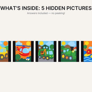 Puede incluir: Un gr&aacute;fico con el texto WHAT'S INSIDE: 5 HIDDEN PICTURES y Answers included &mdash; no peeking! Debajo del texto hay cinco ilustraciones coloridas que representan una excavadora amarilla, un helic&oacute;ptero rojo, un cami&oacute;n verde, un tren verde y un hidroavi&oacute;n naranja.