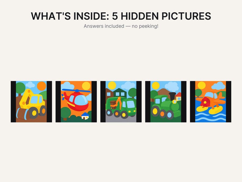 Puede incluir: Un gr&aacute;fico con el texto WHAT'S INSIDE: 5 HIDDEN PICTURES y Answers included &mdash; no peeking! Debajo del texto hay cinco ilustraciones coloridas que representan una excavadora amarilla, un helic&oacute;ptero rojo, un cami&oacute;n verde, un tren verde y un hidroavi&oacute;n naranja.