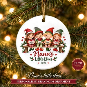 Grandkids Ornament 2026, Nana Christmas Ornament with Grandchildren Names, Cute Elves Keepsake, Gift for Grandma from Kids image 1