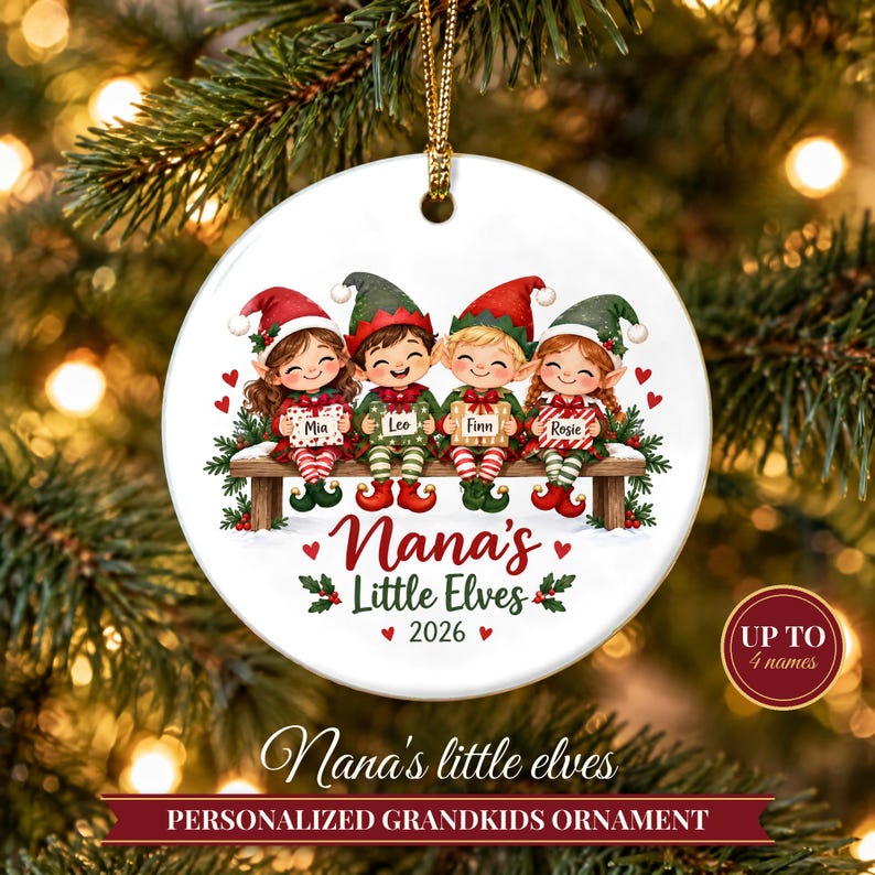 Grandkids Ornament 2026, Nana Christmas Ornament with Grandchildren Names, Cute Elves Keepsake, Gift for Grandma from Kids image 1