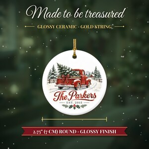 Red Truck Ornament Christmas 2026, Vintage Pickup Family Name Keepsake, Farmhouse Christmas Tree Decor, Est Year Custom Ceramic Gift image 5