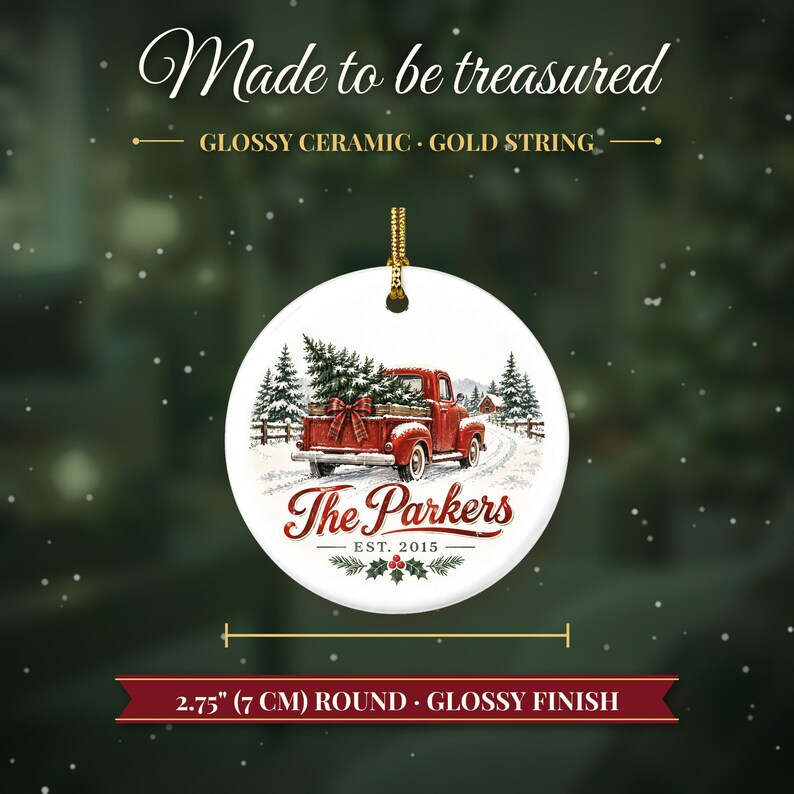 Red Truck Ornament Christmas 2026, Vintage Pickup Family Name Keepsake, Farmhouse Christmas Tree Decor, Est Year Custom Ceramic Gift image 5