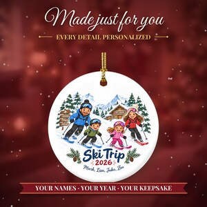 Ornement de Noël sur le thème du ski 2026, souvenir de vacances au ski en famille, décoration personnalisée avec nom pour chalet de montagne, cadeau pour skieur, ornement en céramique image 2