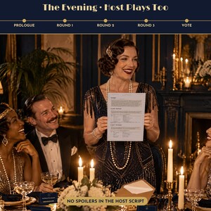 May include: A white printed host script document held by a person in a dark blue beaded dress with fringe, surrounded by guests in formal attire at a dinner table with candles, featuring the text The Evening Host Plays Too and No Spoilers.