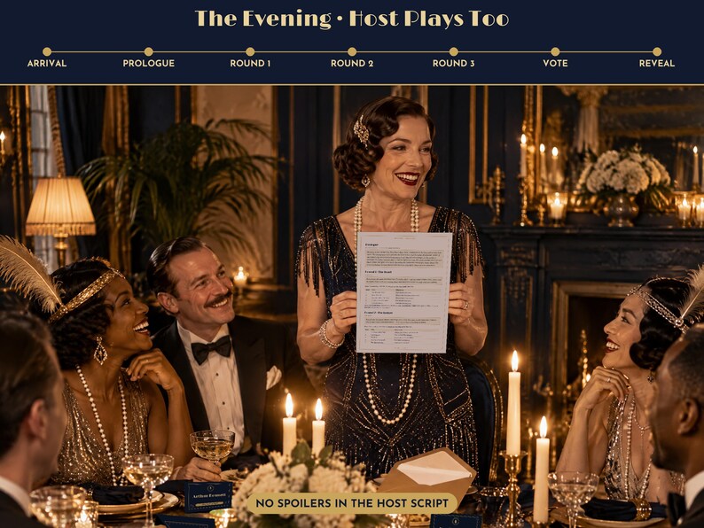 May include: A white printed host script document held by a person in a dark blue beaded dress with fringe, surrounded by guests in formal attire at a dinner table with candles, featuring the text The Evening Host Plays Too and No Spoilers.