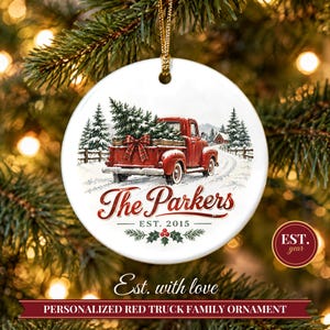 Red Truck Ornament Christmas 2026, Vintage Pickup Family Name Keepsake, Farmhouse Christmas Tree Decor, Est Year Custom Ceramic Gift image 1