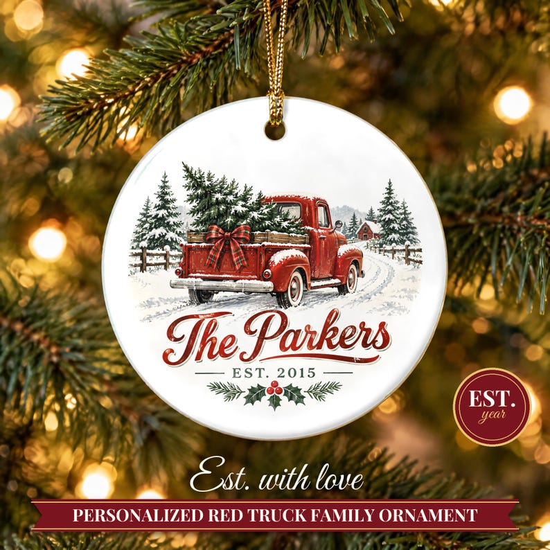 Red Truck Ornament Christmas 2026, Vintage Pickup Family Name Keepsake, Farmhouse Christmas Tree Decor, Est Year Custom Ceramic Gift image 1