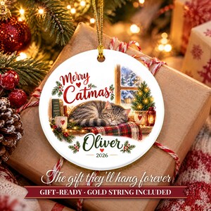 Cat Ornament, Merry Catmas Christmas Ornament with Name, Cat Lover Gift, Cat Mom Gift 2026, Custom Ceramic Pet Keepsake for Her image 11