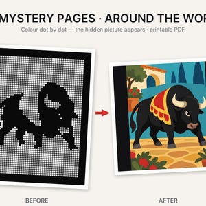 May include: A printable PDF titled 20 MYSTERY PAGES &middot; AROUND THE WORLD. The image shows a before and after comparison of a dot-to-dot activity. The before side is a black and white grid, and the after side is a colored illustration of a bull.