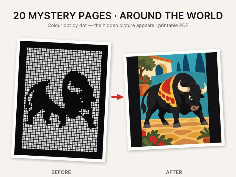 May include: A printable PDF titled 20 MYSTERY PAGES &middot; AROUND THE WORLD. The image shows a before and after comparison of a dot-to-dot activity. The before side is a black and white grid, and the after side is a colored illustration of a bull.