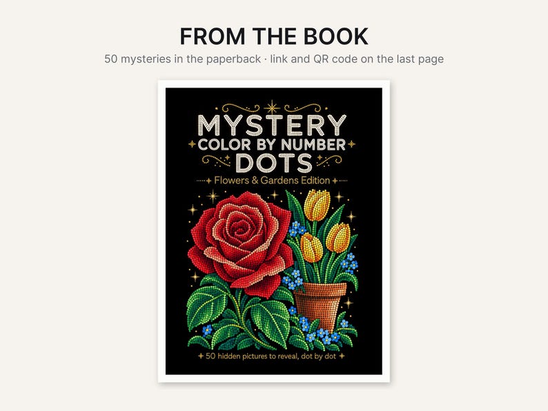 Pu&ograve; includere: Una copertina di libro tascabile intitolata Mystery Color By Number Dots Flowers & Gardens Edition. La copertina nera presenta una grande rosa rossa, tulipani gialli in un vaso marrone e foglie verdi, tutto in stile puntinato con stelle dorate.