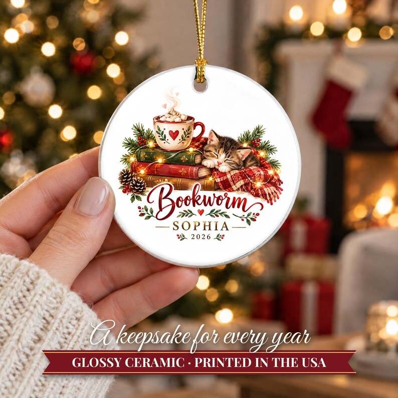 Book Lover Ornament Christmas 2026, Bookworm Gift for Readers, Custom Name Keepsake, Cozy Books Cocoa Kitten Ceramic Tree Decor image 12