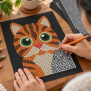 May include: A dot-to-dot art project on black paper featuring a stylized orange tabby cat with large green eyes. The cat is composed of circular dots in shades of orange, brown, white, and pink. Some areas remain as white outlines.