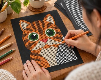 May include: A dot-to-dot art project on black paper featuring a stylised orange tabby cat with large green eyes. The cat is composed of circular dots in shades of orange, brown, white, and pink. Some areas remain as white outlines.