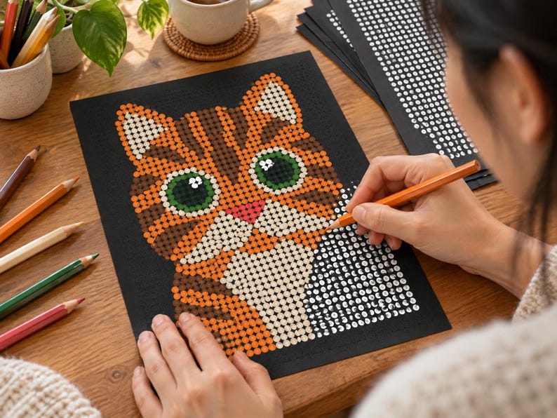 Puede incluir: Un proyecto de arte de puntos sobre papel negro que presenta un gato atigrado naranja estilizado con grandes ojos verdes. El gato est&aacute; compuesto por puntos circulares en tonos naranja, marr&oacute;n, blanco y rosa. Algunas &aacute;reas permanecen blancas.