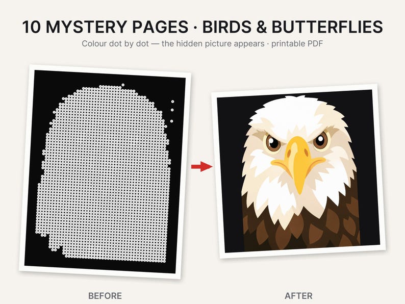 May include: 10 MYSTERY PAGES &middot; BIRDS & BUTTERFLIES. Colour dot by dot &mdash; the hidden picture appears &middot; printable PDF. A before and after comparison showing a black page with white dots forming a shape and a finished illustration of a bald eagle.