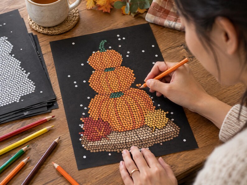 May include: A black sheet of paper featuring a dot-art illustration of three stacked orange pumpkins with green stems, surrounded by autumn leaves. The artwork is created using small circular colored dots, with an orange pencil held to add detail.