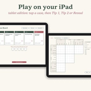 May include: Two tablets displaying a digital mystery game interface. The left screen shows The Case Board with five case options and a final question. The right screen displays a logic grid puzzle with categories for names, items, and locations.
