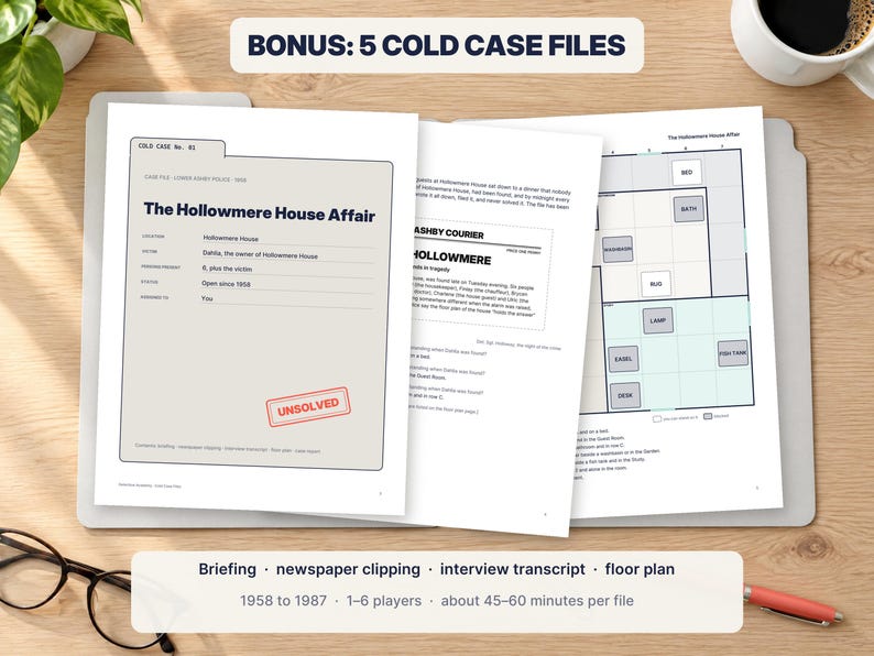 May include: A mystery game set titled The Hollowmere House Affair featuring a case file folder, a newspaper clipping, an interview transcript, and a floor plan. The documents are printed on white paper with black text and include a red Unsolved stamp.
