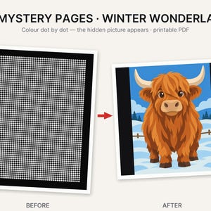 May include: 20 MYSTERY PAGES &middot; WINTER WONDERLAND. A printable PDF activity set featuring a dot-to-dot grid on a black background that reveals a colorful illustration of a brown Highland cow standing in a snowy landscape with a blue sky.