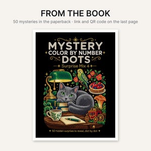 May include: A paperback book titled Mystery Color By Number Dots Surprise Mix 4. The cover features a dot-art illustration of a gray cat resting on books next to a green lamp, a bird, a bowl of berries, a cup, a pen on paper, and a carriage.