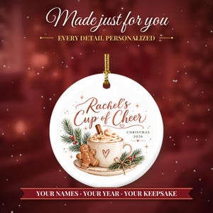 Coffee Lover Gift Christmas Ornament 2026, Latte Cup of Cheer Custom Name Keepsake, Gingerbread Cookie Barista Ceramic Tree Decor for Her image 2