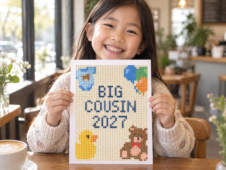 May include: A rectangular diamond painting canvas featuring the text BIG COUSIN 2027 in dark blue letters. The design includes a light blue baby onesie, a cluster of blue, green, and orange balloons, a yellow rubber duck, and a brown teddy bear.