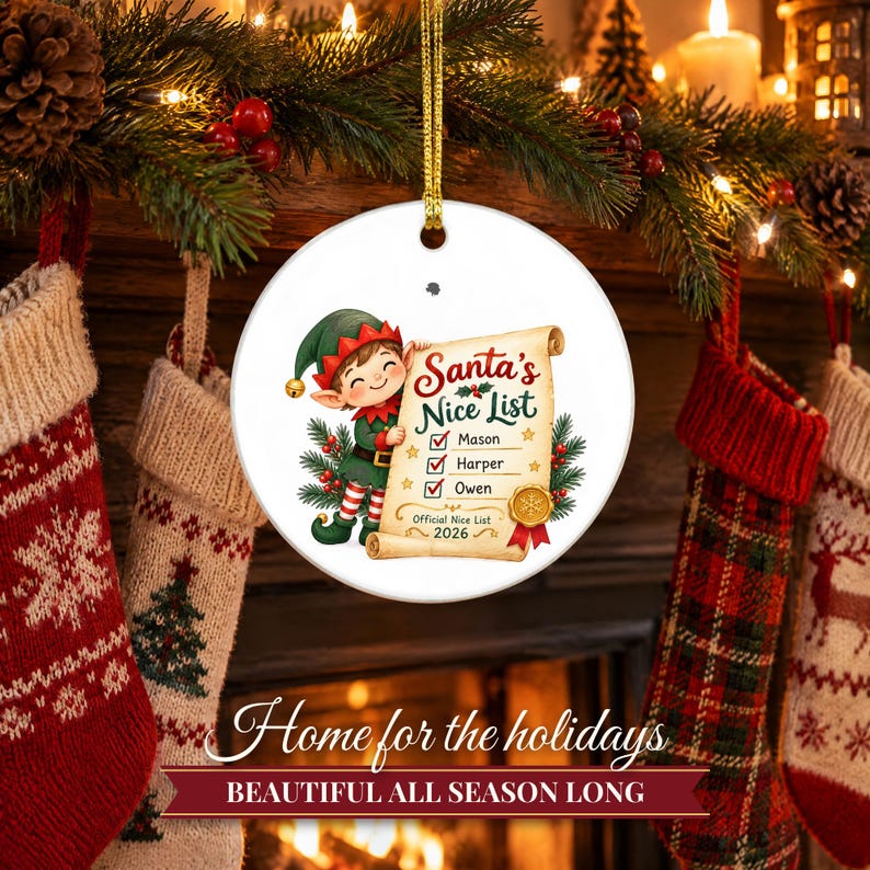 Nice List Ornament Christmas 2026, Santa's Nice List Siblings Names Keepsake, Elf Scroll Custom Kids Gift, Grandkids Ceramic Tree Decor image 10
