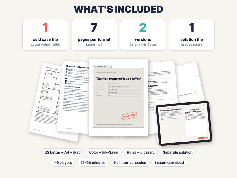 Puede incluir: Un juego de caso sin resolver titulado The Hollowmere House Affair, que incluye siete p&aacute;ginas por formato, dos versiones en color y ahorro de tinta, y un archivo de soluci&oacute;n separado. Compatible con formatos US Letter, A4 e iPad para 1-6 jugadores.