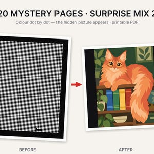 May include: A printable PDF titled 20 MYSTERY PAGES SURPRISE MIX 2 featuring a dot-to-dot activity. The before image shows a black grid of white dots, and the after image displays a colourful illustration of a fluffy orange cat on a bookshelf.