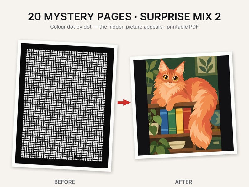 May include: A printable PDF titled 20 MYSTERY PAGES SURPRISE MIX 2 featuring a dot-to-dot activity. The before image shows a black grid of white dots, and the after image displays a colourful illustration of a fluffy orange cat on a bookshelf.