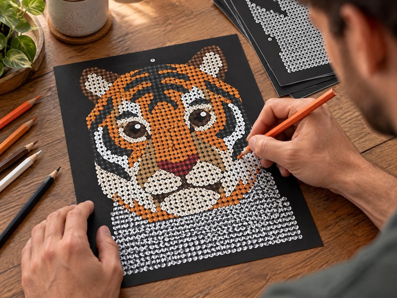 May include: A paint-by-number activity sheet featuring a tiger head illustration on a black background. The tiger is composed of small numbered circles in shades of orange, black, white, and brown. An orange pencil is used to fill in the design.