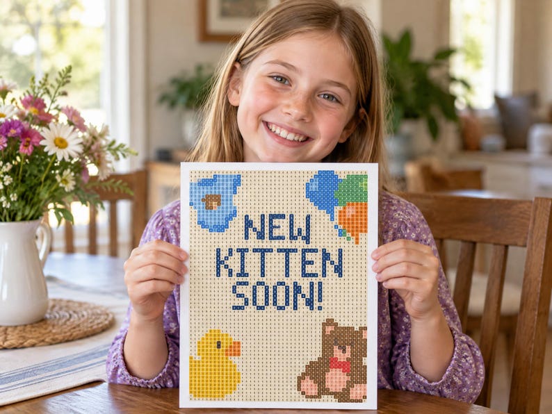 May include: A rectangular sign featuring a pixel art design with the text NEW KITTEN SOON! in dark blue. The design includes a blue cloud, a cluster of blue and orange balloons, a yellow rubber duck, and a brown teddy bear on a light background.